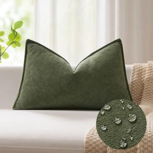 Kevin Textile 14x20 Inch Lumbar Pillow Cover 1 Pack Soft Boucle Textured Decorative Waterproof Rectangle Cushion Elegant Accent Pillow for Couch Sofa Chair Bed Home Decor Indoor Outdoor Olive Green