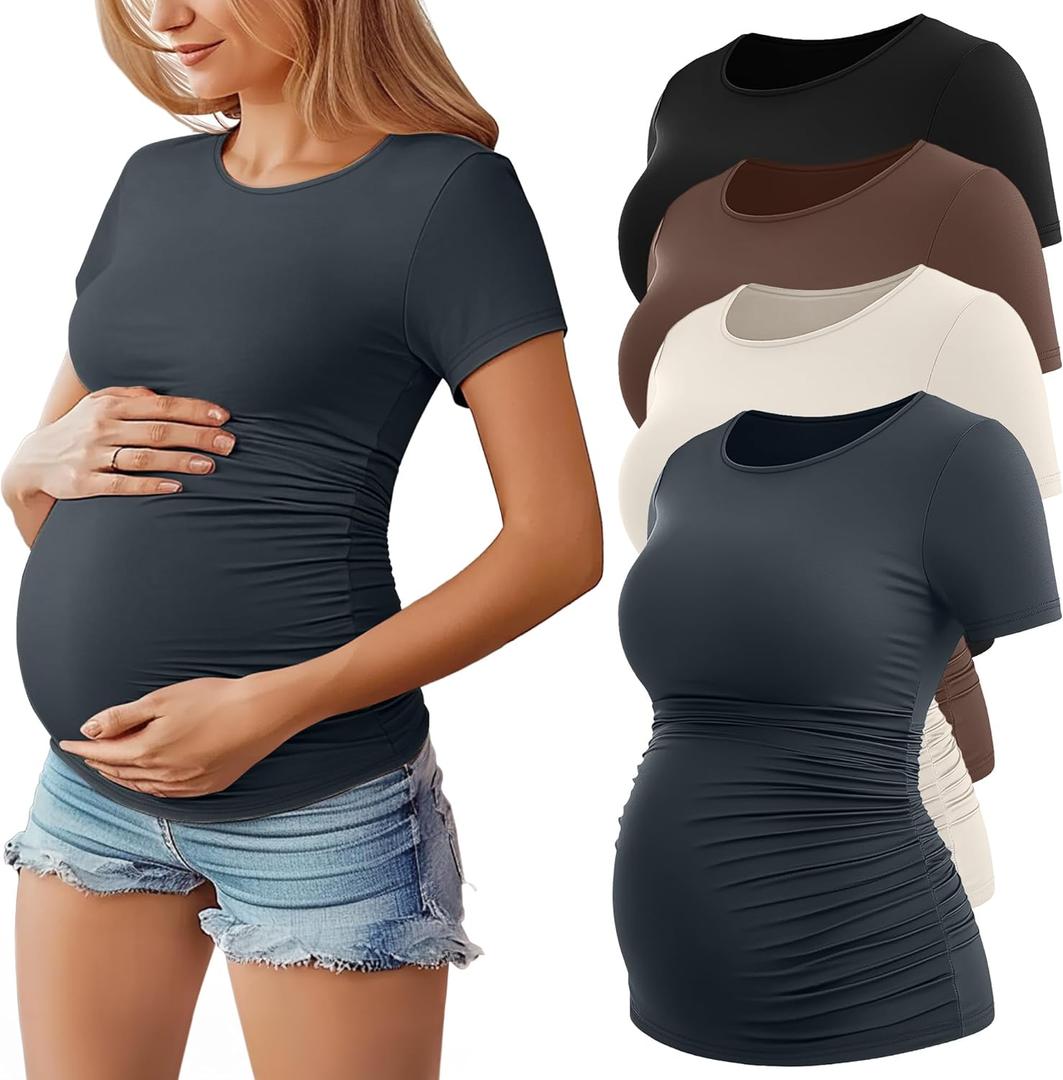 Huukeay 4 Pack Women's Maternity Shirts, Crew Neck Maternity Top Short Sleeve Casual Cotton Tee Side Ruched Pregnancy Clothes (Medium, Black, Dark Gray, Cream, Coffee)