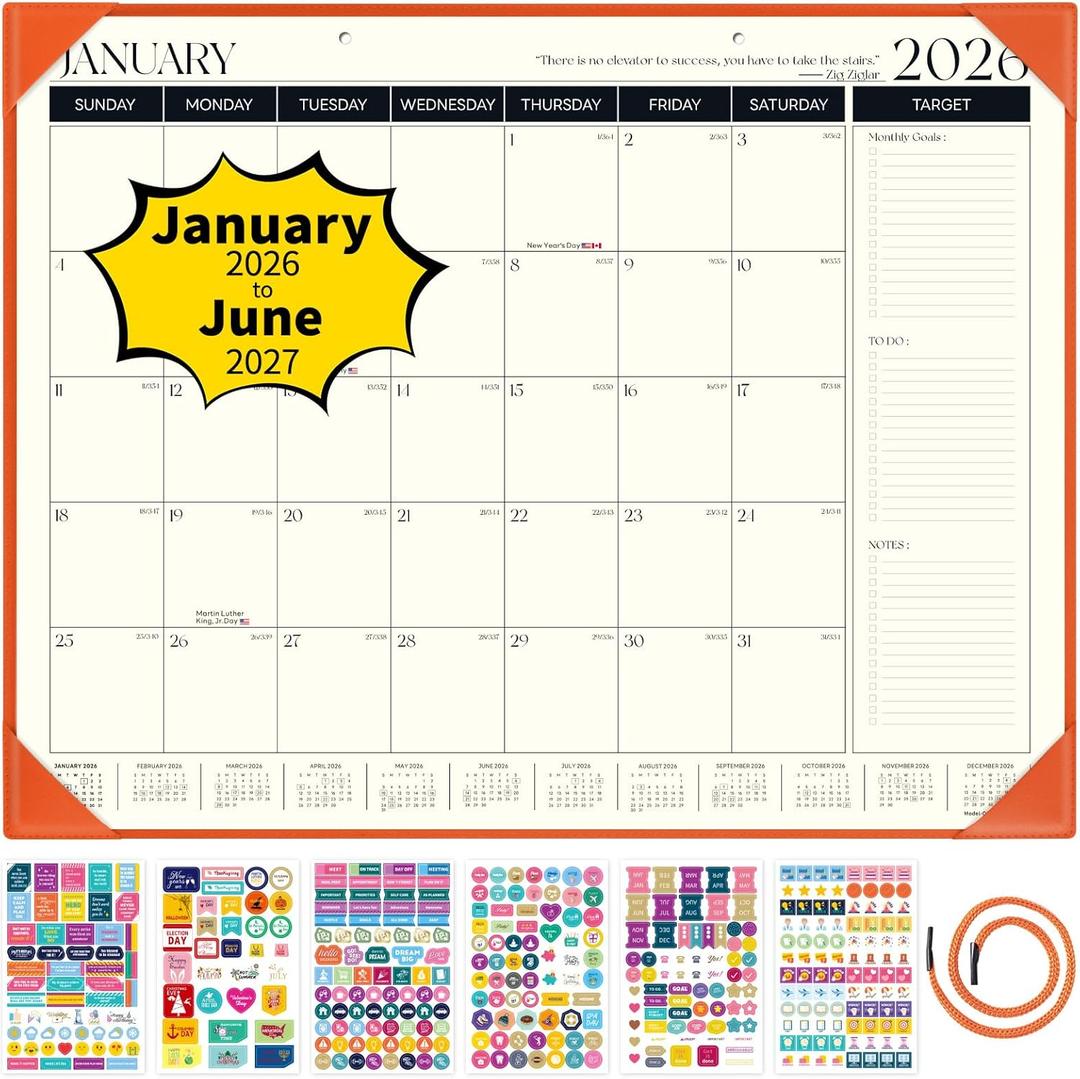 Ospelelf Large Desk Calendar 2026-2027 with PU Leather Pad, 18 Months Planner Pad from January 2026 - June 2027, 22" x 17" Wall Calendar with Protective Cover for Home or Office, Orange