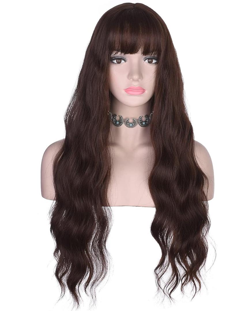 Long Wavy Brown Wig with Bangs for Women | Heat Resistant Synthetic Hair Wigs for Daily Use (Brown)