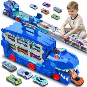 Toddler Monster Car Truck Toys for 3 4 5 6 7 8 Years Old Boys, Dinosaur Transporter Truck Track Set with Die-Cast Cars Toys Playset, Transforms into Dino Racing Car with Sound Gifts for Age 3 4 5 6