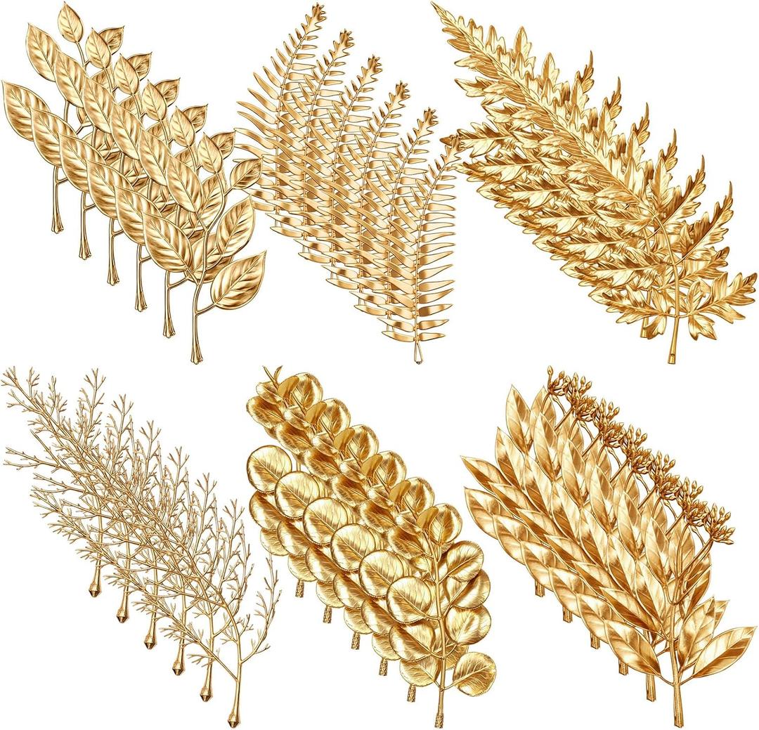Riceshoot 36 Pcs Gold Leaves Artificial Flowers Mini Faux Gold Plants Foliage Stems Fake Eucalyptus Cedar Fern Peony Honeysuckle Leaves for Wedding Table Centerpieces Vase Picks Home Decoration