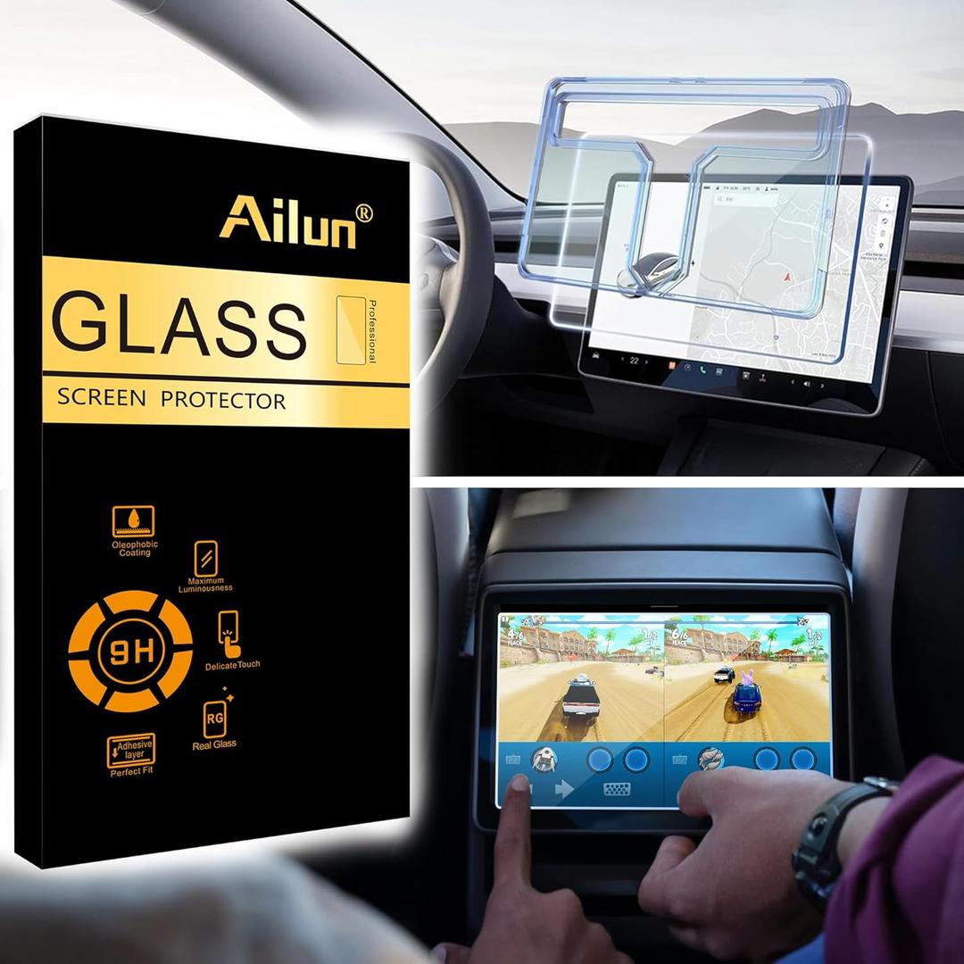Ailun Glass Screen Protector for Tesla Model Y Juniper 2025 / Model 3 2024 Highland Center Console Dashboard Touchscreen [15.4 Inch] with Auto Alignment Tool + Armrest Box Screen Protector [8 Inch]