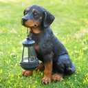 Garden Dog Statues Outdoor Decor, 13" Solar Powered LED Lights Outdoor Statue Garden Decorations Rottweiler Figurine for Patio, Lawn, Yard Art Decoration, Housewarming Garden Gift (Black)