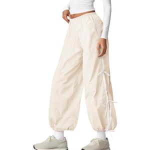 Fisoew Womens Wide Leg Track Pants Casual Elastic Waist Bow Tie Y2K Baggy Sweatpants with Pockets (Beige, L)