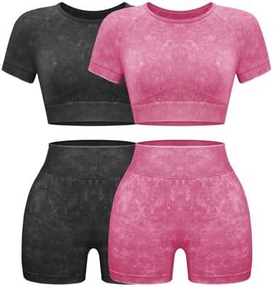 OLCHEE Womens Workout Sets 2 Piece - Seamless Acid Wash Yoga Outfits Shorts and Crop Top Matching Gym Athletic Clothing Set, Size XXL