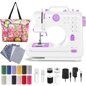Sewing Machine for Beginners, Electric Mini Portable, 12 Built-in Stitches with Reverse Sewing, 2 Speeds Double Thread with Foot Pedal, Storage Bag, Cotton Fabric and Threads(Premium Set) (Purple)