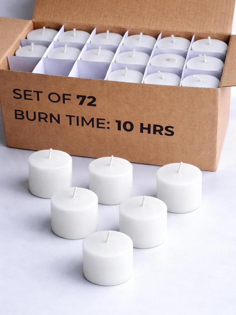 CANDWAX White Votive Candles Pack of 72 - Unscented Smokeless Long Lasting Small Candle Set - Ideal for Home Decor, Spa, Special Occasions, Dinners and Parties - Votive White Candles Bulk