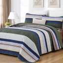 Dobuyly Queen Quilt Set, Boho Bedspread Queen Size, Green Striped Bedding Sets 3 Pieces, Lightweight Soft Olive Green Blue Coverlet Bed Sets with 2 Pillow Shams 96"x90"