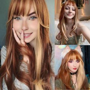 Ginger Brown Synthetic Wig With Bangs Blonde 613 Highlights Mixed Natural Wave Heat Resistant Fibers Lolita Cosplay Wigs For Girls Woman Daily Use Hair Replacement Unit Glueless No Lace Wig