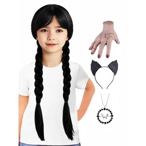 Girls Wednesday Addams Wigs with Necklace Long Black Braided Wigs for Halloween Party Costumes