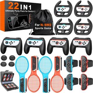 Switch 2 Sports Accessories Bundle 22 in 1 Family Party Kit for Nintendo Switch 2 Only, with Tennis Rackets, Steering Wheels, Wrist Straps, Grips, Joystick Caps, Card Case & Storage Bag