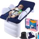 Inflatable Toddler Airplane Mattress, Blow Up Kids Travel Bed, Airplane Seat Extender, Inflatable Baby Mattress with Sides, Safety Belt, Manual Pump and Bag (Blue)
