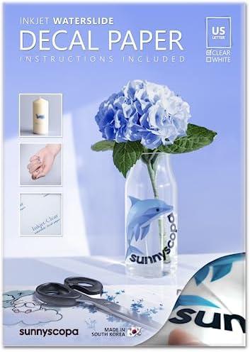 Sunnyscopa Waterslide Decal Paper for INKJET Printer - CLEAR, US LETTER SIZE 8.5"X11", 100 SHEETS, Personalized Water Slide Transfer Transparent Printable paper - DIY Custom for Tumblers, Glasses, Mug