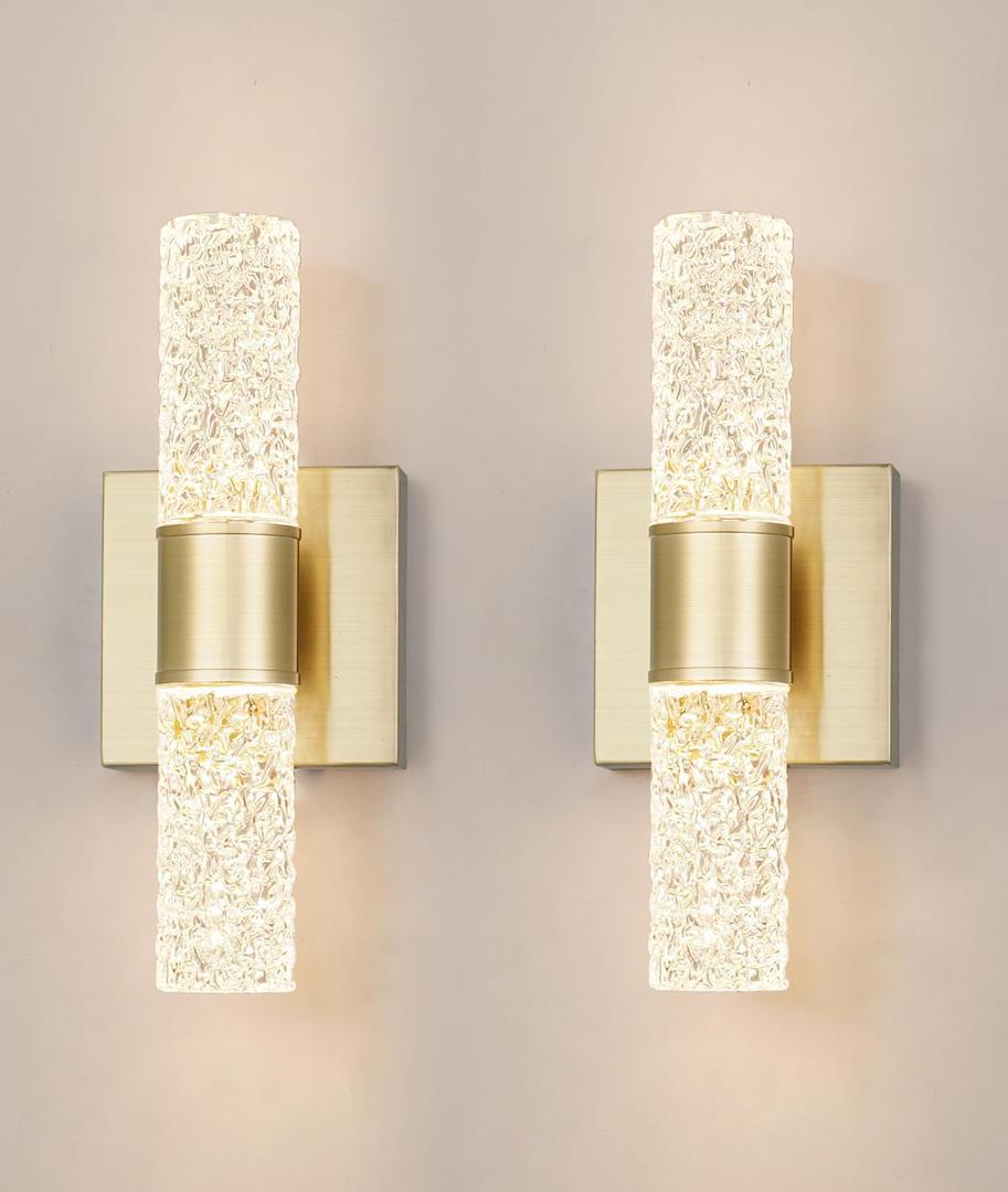 Crystal LED Wall Sconces Set of 2, Brushed Gold Bathroom Light Fixtures, Modern Bathroom Sconce Lights with Wired LED for Bedroom,Living Room,Hallway | Gold Vanity Wall Lighting & Crystal Wall Decor