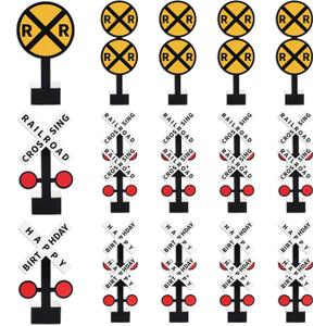 24Pcs Railroad Crossing Sign Table Centerpieces Train Birthday Party Decorations Railroad Happy Birthday Sign Table Toppers for Train Theme Birthdays Party Baby Shower Photo Booth Prop Supplies
