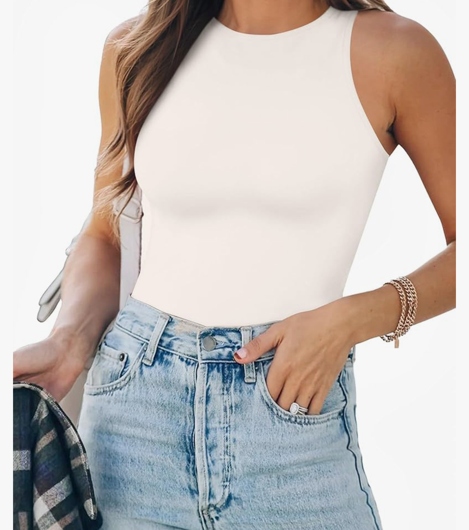 ALLBASE Women's Sexy Double Lined Sleeveless Bodysuits Racerback Halter Tank Top for Women's Sexy Going Out Leotards, White, XXL