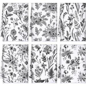 Boyiee Set of 6 Black and White Kitchen Towels Vintage Floral Plants Dish Towels Rustic Absorbent Flower Tea Hand Cloth 24"x16" for Summer Farmhouse Kitchen Bathroom Housewarming Gift