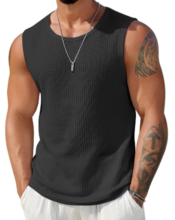 COOFANDY Mens Casual Tank Tops Waffle Knit Sleeveless Shirt Breathable Tank Shirts Summer Muscle Tee Black M