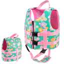 Pottwal Swim Vest for Kids - Swim Jacket for 7-9 Years (55-77LBS) - Puddle Jumper with Adjustable Crotch Strap - Made of Neoprene & EPE - Green Flowers