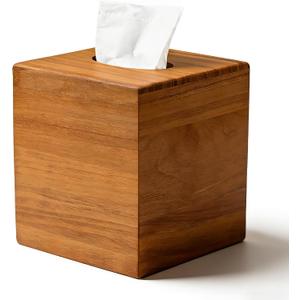 Tissue Box Cover Square, Teak Wood Tissue Box Holder with Slide-Out Bottom, Wooden Tissue Box Cover Cube for Bathroom, Bedroom, Dinner Table, 5.5 x 5.5 x 6.1 inches
