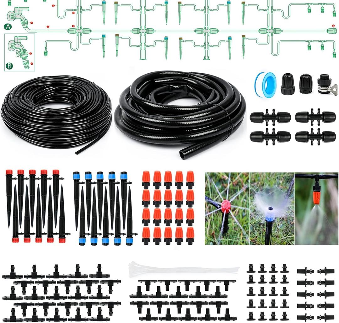 Bonviee 169FT Drip Irrigation System, Garden Watering System with 1/2"& 1/4" Tubing, Adjustable Drip Emitters and Barbed Fittings, Automatic Drip Irrigation Kit for Raised Garden, Greenhouse, Lawn
