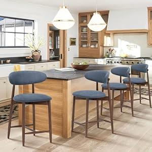 COLAMY Mid Century Modern Bar Stools Set of 4, Counter Height, Blue Fabric Upholstered Wooden Barstools with Back, 25 Inch