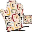 Mid Century Modern Retro Oven Mitts and Pot Holders Sets of 3 Vintage Decorative Heat Resistant Non Slip BBQ Gloves for Cooking Grilling Baking Kitchen Decor