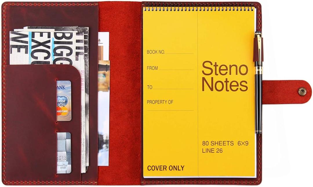 Robrasim Leather Cover for 6"x9" Steno Notebook, Leather Folio Cover Compatible with 6x9 Spiral Steno Pads, A5 Notebook Organizer with Pen Loop - Wine