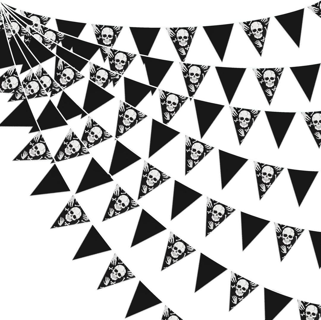 2 x 32Ft Black White Halloween Party Decorations Skull Fabric Pennant Pirate Banner Triangle Flag Bunting Garland Streamers for Halloween Pirate Birthday Jolly Roger Wedding Home Outdoor Party Supplies
