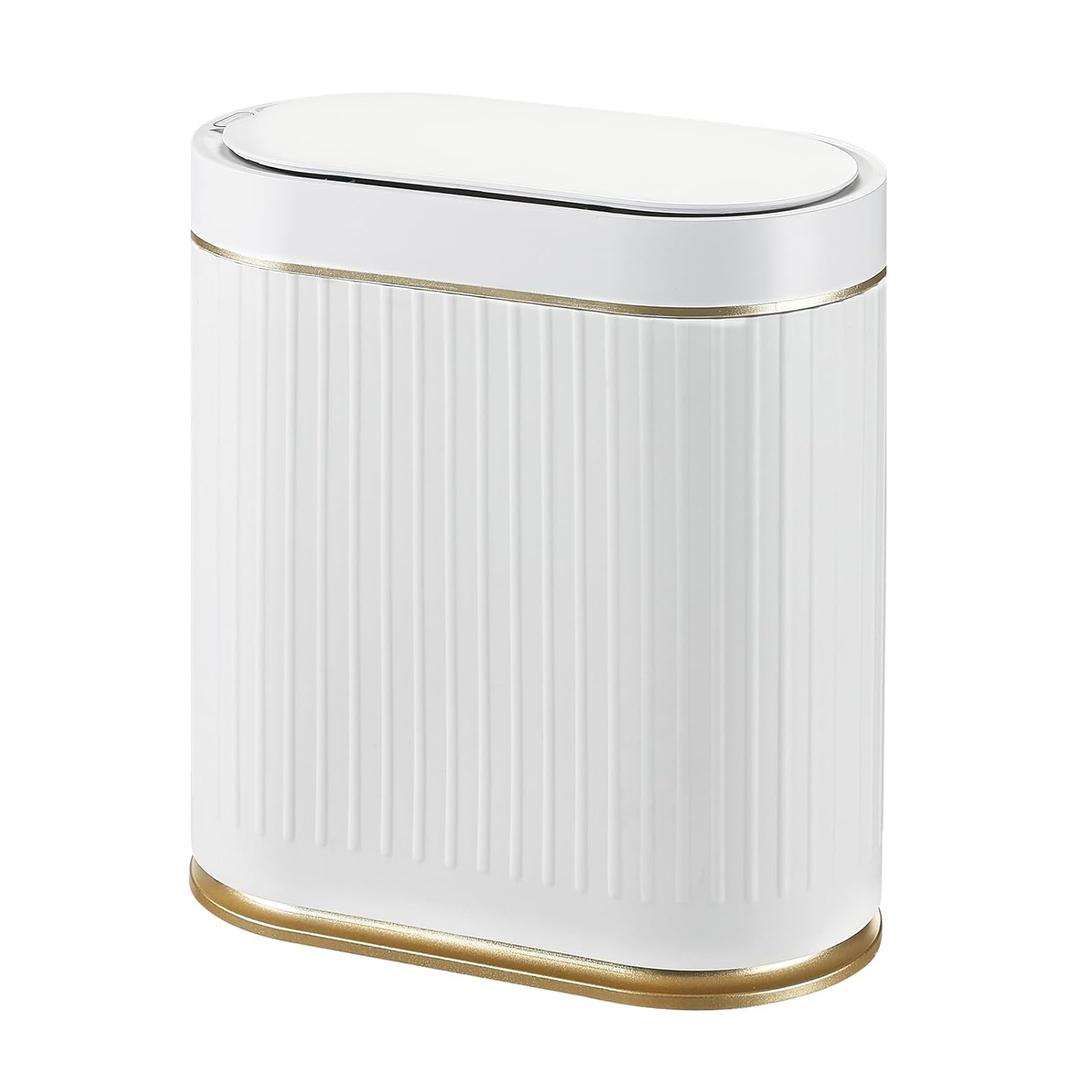 Bathroom Trash Can with Lid Automatic 2 Gallon Motion Sensor Garbage Bin, 7.5 Liter Smart Trash Bin with Stripes, Plastic Garbage Can, Narrow Trash Can for Bedroom, Office, Bathroom (Golden)