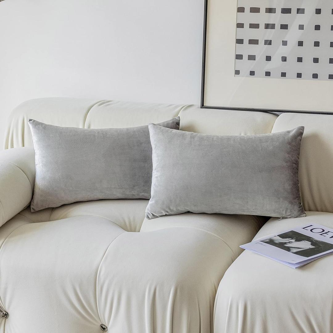 Demetex Lumbar Pillow Covers 12x20 Decorative Velvet Throw Pillow Covers Soft Grey Plush Cushion Covers for Living Room Sofa Bed Chair Car, Set of 2, 12 x 20 inch, Silver