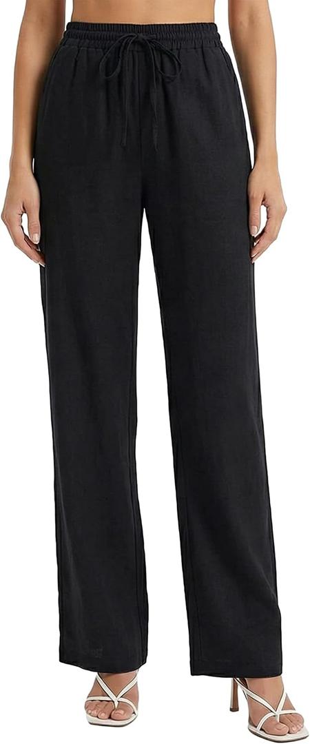 Cotton Linen Pants for Women Casual Wide Leg Trousers with Pockets | High Waist, Drawstring Elastic Waist, Palazzo Pants, Lightweight Lounge, Work Lounge Pant Beach Vacation (Black, XL)