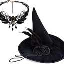 Witch Hat and Rhinestones Necklace Set Women's Halloween Hat Roses Decoration Hat for Themed Parties and Celebrations (Black)