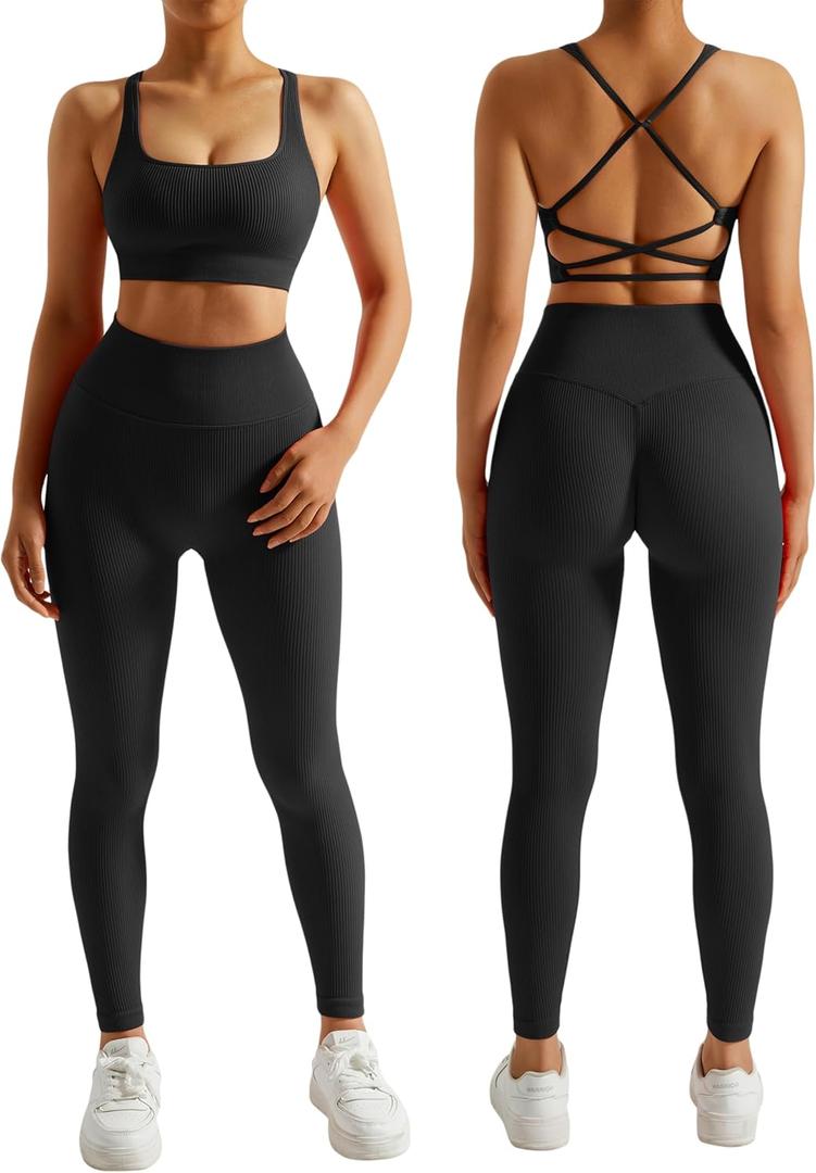 RXRXCOCO Ribbed Workout Sets for Women 2 Piece Backless Strappy Sports Bra Seamless Leggings Matching Set Yoga Outfits (Medium, #004 Black)