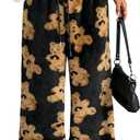 ZAFUL Women's Fuzzy Plush Pajama Pants Drawstring Elastic Waist Wide Leg Teddy Pj Bottoms Lounge Pants (Large, 0-black Bear)