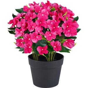 Artificial Impatiens Flowers for Outdoor Faux Flowers 14 Inch Fake Flowers Spring Summer Decoration for Home Front Door Garden Planter Patio Balcony Yard Indoor Outdoor (Rose Red)