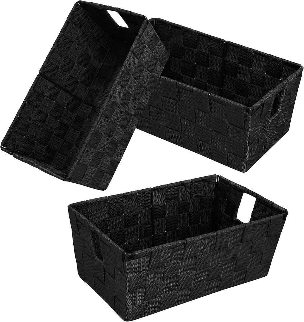 Woven Black Storage Baskets Shelf Tote Boxes Container, Durable Storage Organizer Bins with Built-in Handles for Bedroom, Office, Closet, Kids Room, Nursery, 3-Pack,11.4x 6.5x 4.5
