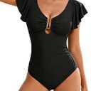DaiLiWei Womens One Piece Swimsuits Tummy Control Bathing Suit V Neck Push Up Swim Suits Slimming Lace up Ruffle Swimwear (X-Large)