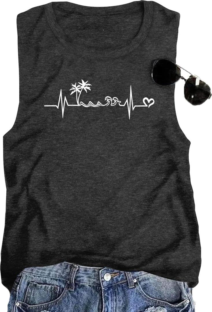 Women's Palm Tree Heartbeat Graphic Tank Tops Summer Casual Sleeveless Loose Fit Workout Shirts Beach Vacation Tops(Black1-S) (S)