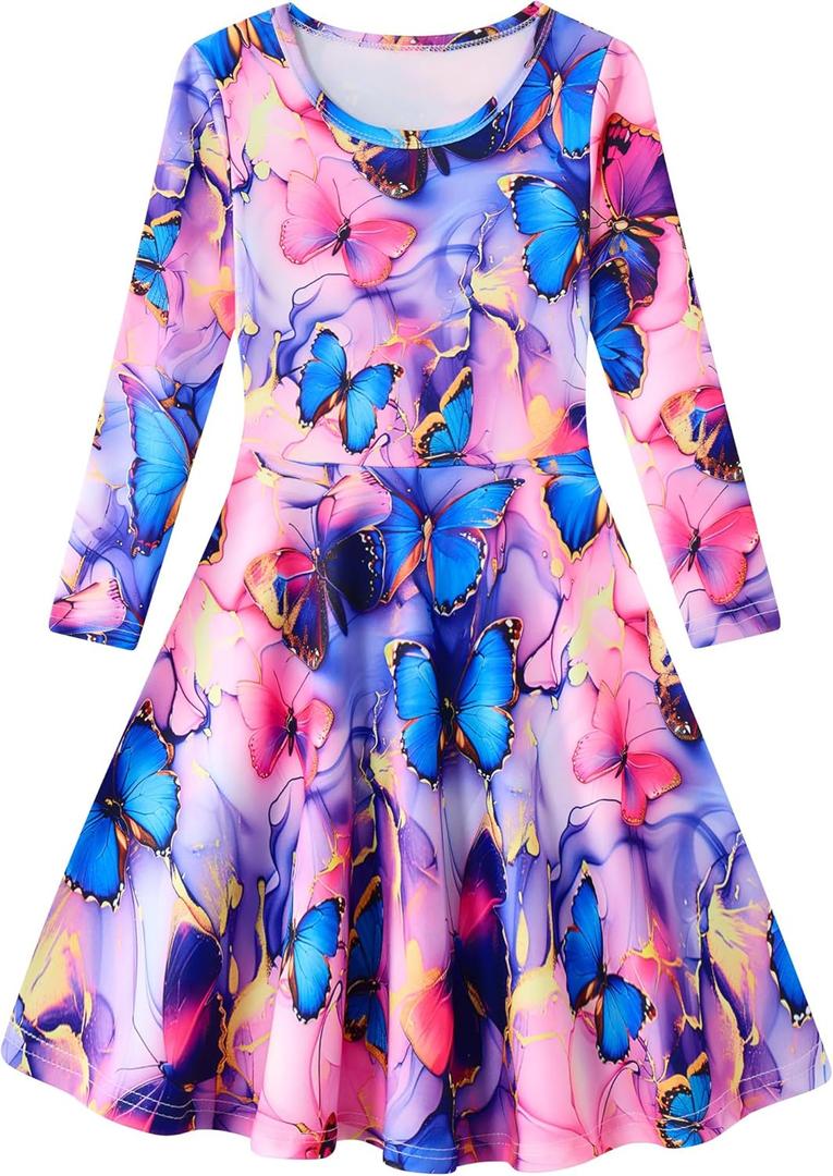Funnycokid Girls Dress Size 4-13 Long Sleeve Kids Clothes (Butterfly Pink)