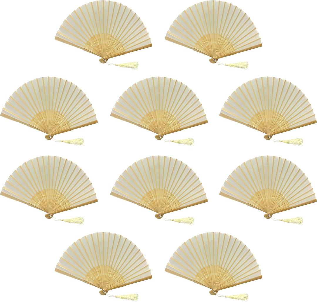 FANSOF.FANS Pack of 10 Fabric Handheld Fan with a Tassel Grade A Bamboo Ribs Party wedding Favour (Ivory Beige)