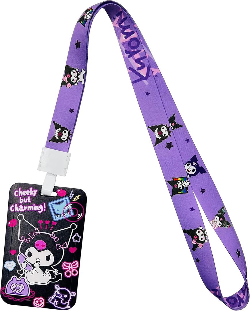 Kuiomi Cute Lanyards for Women and Men, Anime and Kawaii Designs, Purple with ID Badge Holder