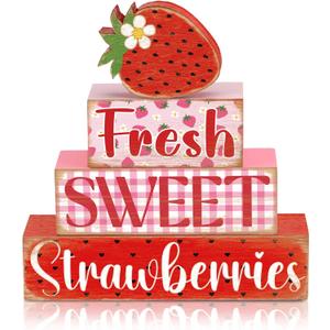 4 Pcs Strawberry Table Decorations Strawberry Table Centerpiece Farmhouse Fresh Sweet Wooden Sign Summer Tiered Tray Decor Books Stack Signs Block for Coffee Home Office Decorations Shelf
