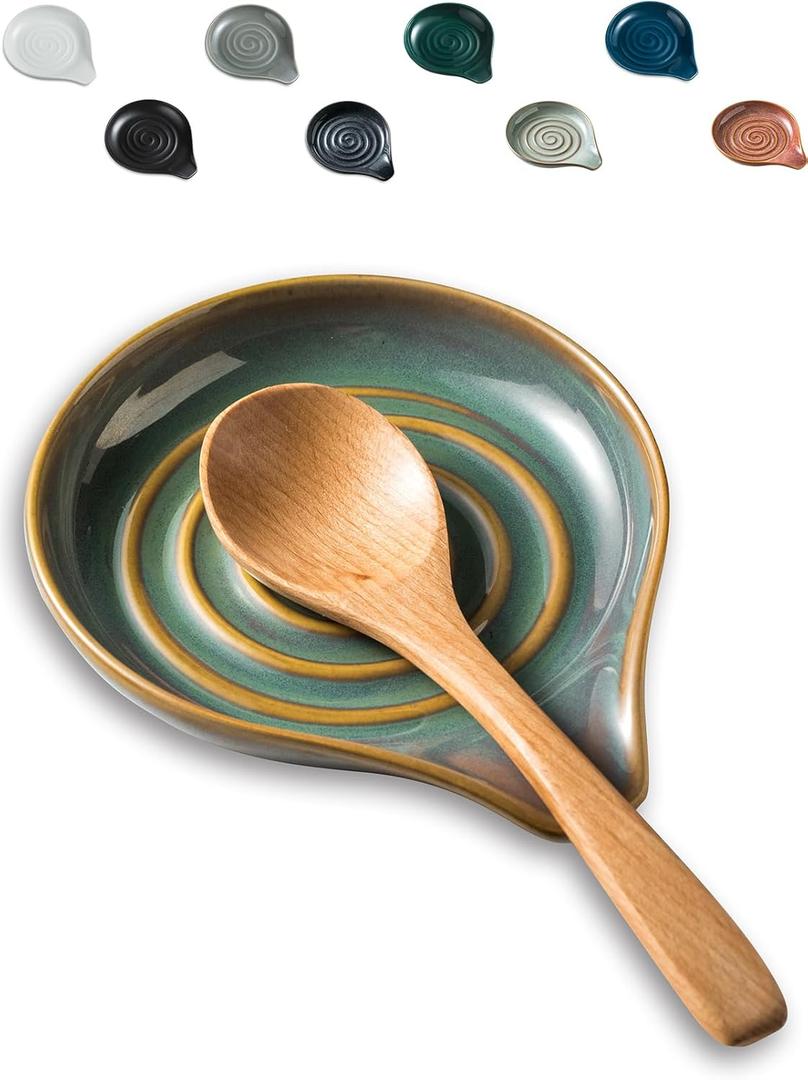 LAUCHUH Spoon Rest for Kitchen Counter,5" Spoon Holder for Kitchen Counter Stove Top Ceramic Spatula Holder for Ladle, Spatula, Spoons or Tongs, Christmas Decor, Unique Green