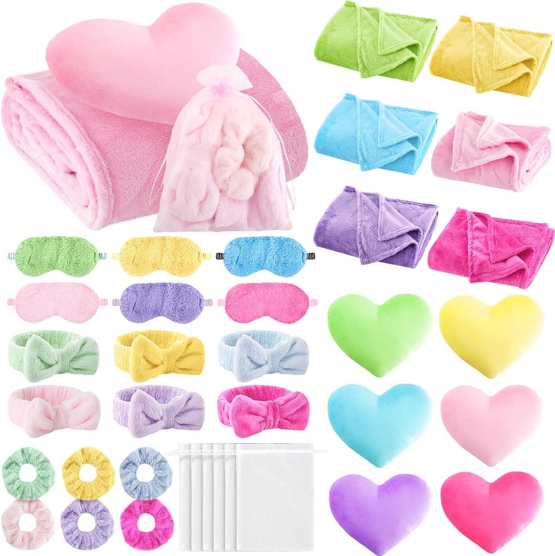 36 Pcs Sleepover Party Supplies for Girl Spa Slumber Birthday Favors Throw Blanket Pillow Eye Mask Headband Scrunchies (Solid Color,Multicolor)