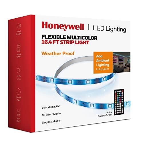 Honeywell 16.4ft Weatherproof 20-Color LED RGB Strip Light for Indoor and Outdoor Use, with Remote Control, Dimmable Lights, 4 Music Sync Modes, 8 Effects Modes