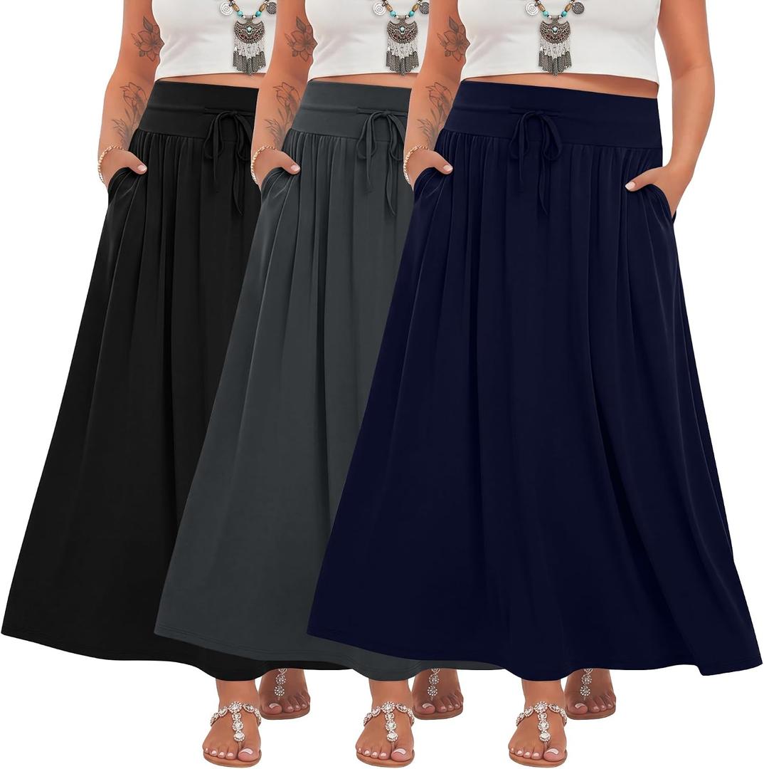 3 Pack Plus Size Maxi Skirts for Curvy Women Summer Tiered A Line Boho Ruffle Flowy Pleated Skirts with Pockets XXL