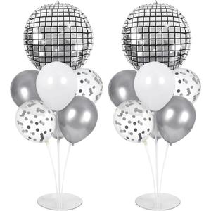 Disco Ball Party Balloons Stand Kit 2 Sets with 2 Silver 4D Discoball Foil Balloon Disco Ball Centerpiece for Tables 70s 80s 90s Dance Themed Birthday 2026 prom Decorations Silver White Party Supplies