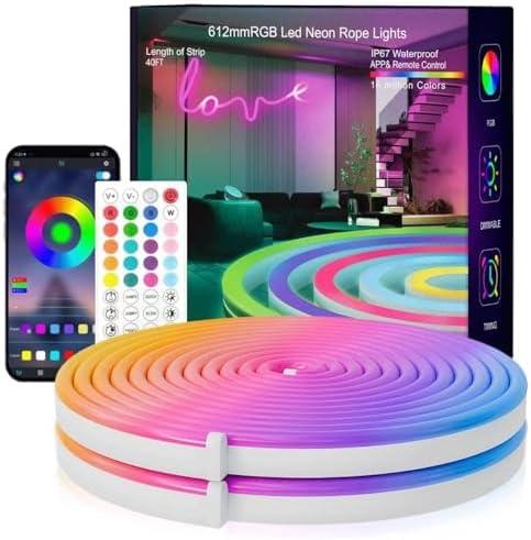 Neon Rope Lights, 19.68FT RGB Led Strip Lights, Waterproof IP67, DIY Design, Music Sync, 24 Keys Remote Control, Multiple Modes, for Living Room, Bedroom, Holiday Decoration